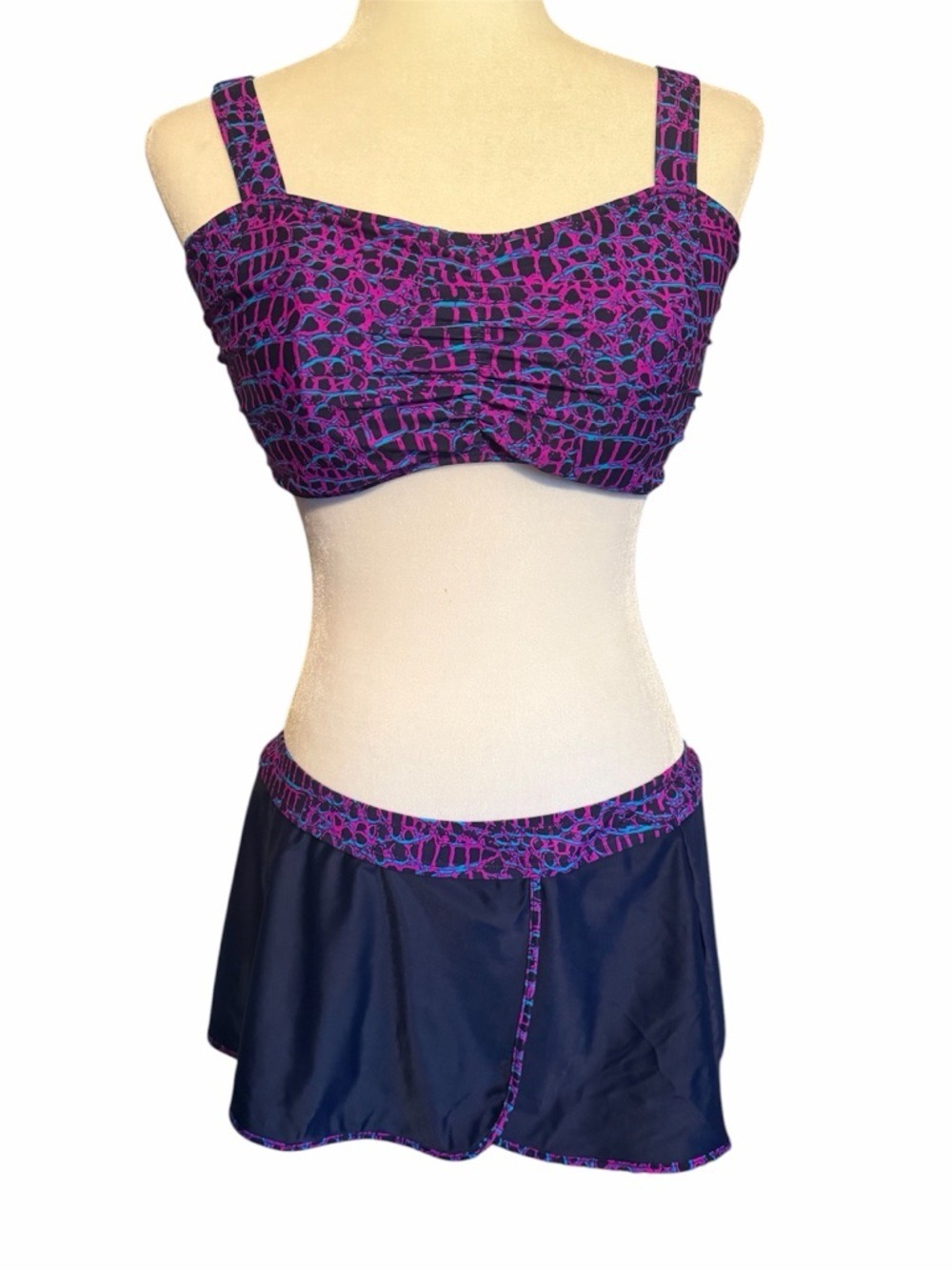 Purple Patterned Bandeau Bikini Top with Navy Swim Skirt